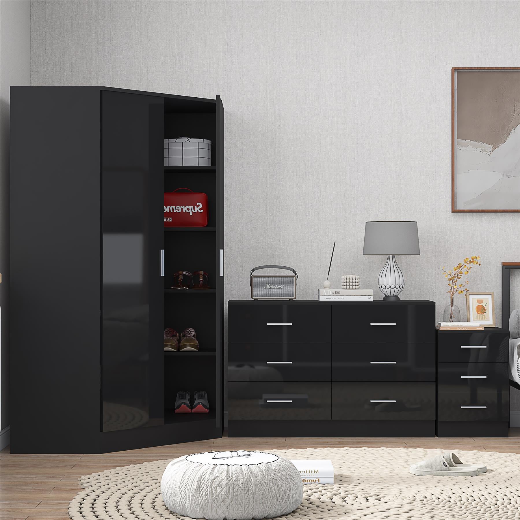REFLECT - 2 Door CORNER + 6 Drawer Chest + 3 Drawer Bedside - Gloss Black / Matt Black