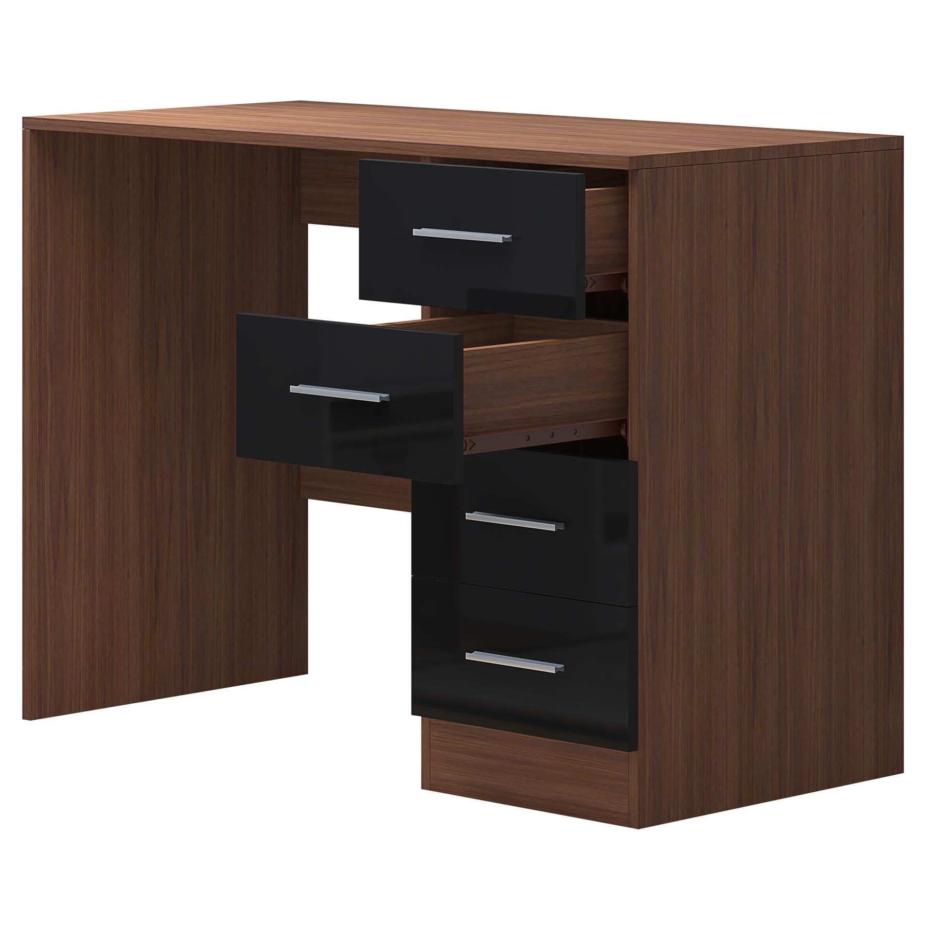 Reflect 4 Drawer Desk - Black Gloss & Walnut - Modern Bedroom Storage for Vanity, Work or Study