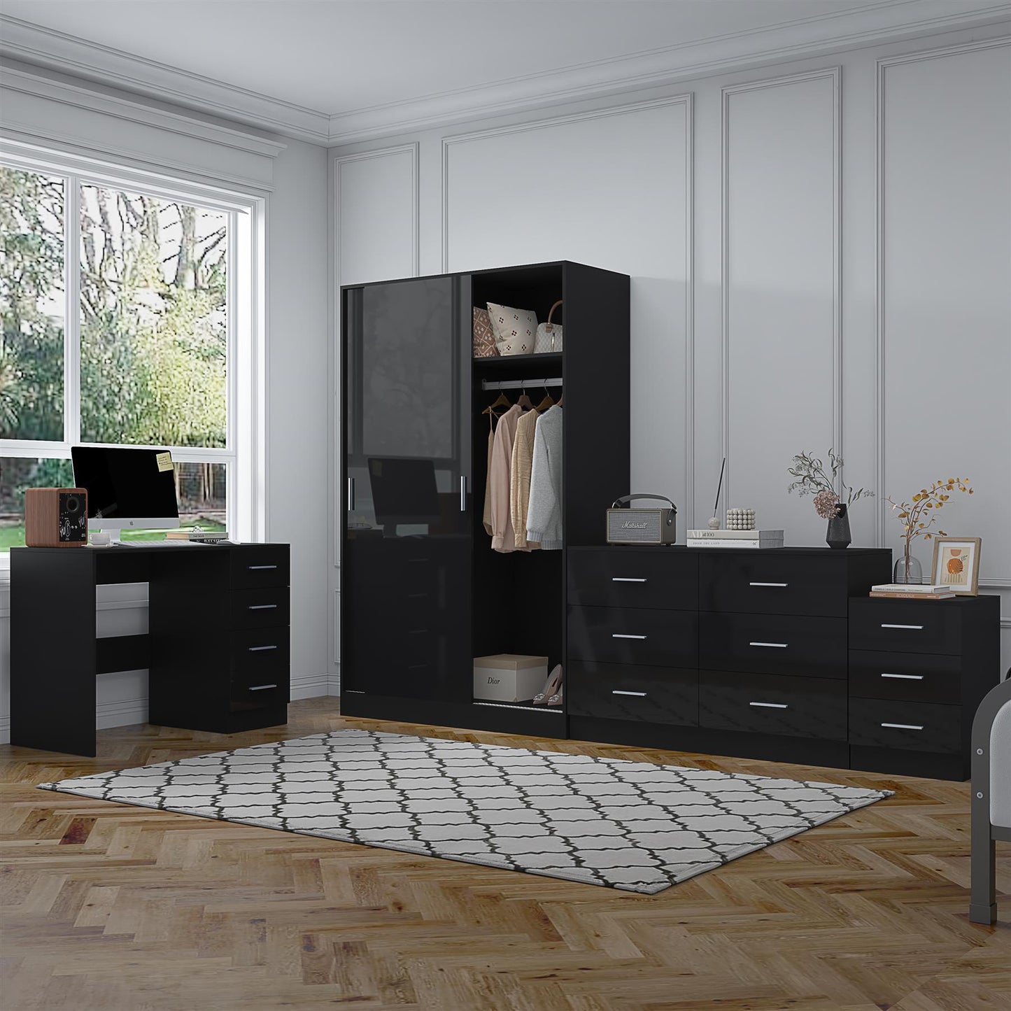 Reflect 2 Door Sliding Wardrobe, 6 Drawer Wide Chest, 3 Drawer Bedside, 4 Drawer Desk - Black Gloss & Black Oak - Modern Bedroom Furniture Set