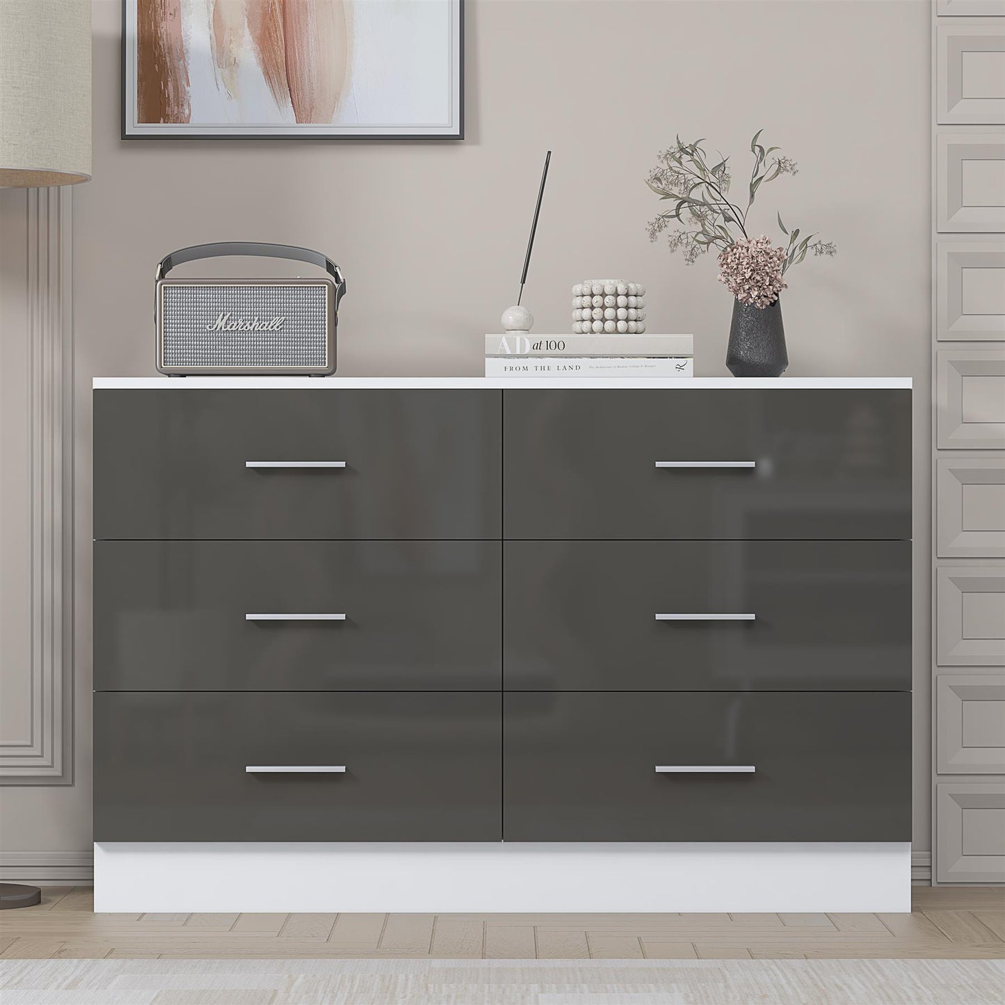Reflect Wide 6 Drawer Chest - Grey Gloss & Matt White - Modern Bedroom Storage Unit with Drawers