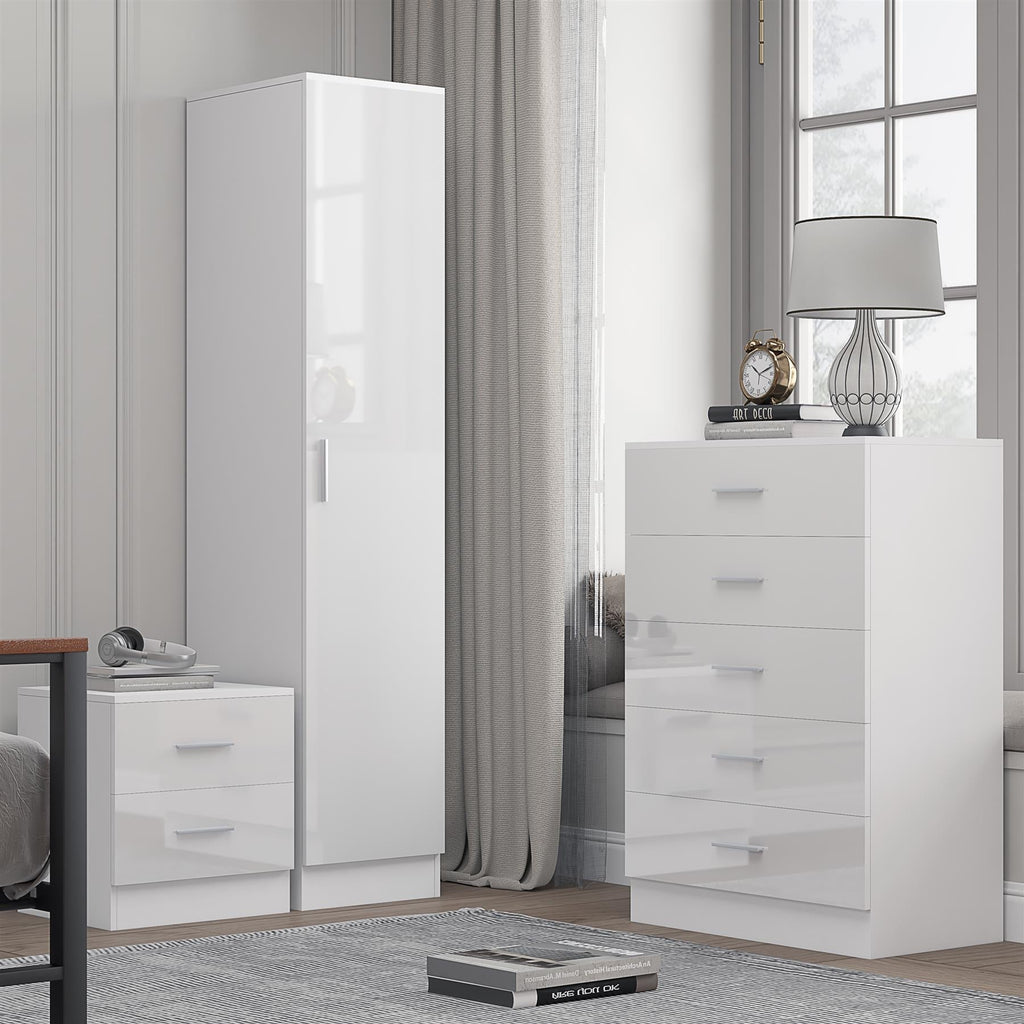 REFLECT Gloss 3pc Bedroom Set - 1 Door Wardrobe + 5 Draw Chest + Bedside