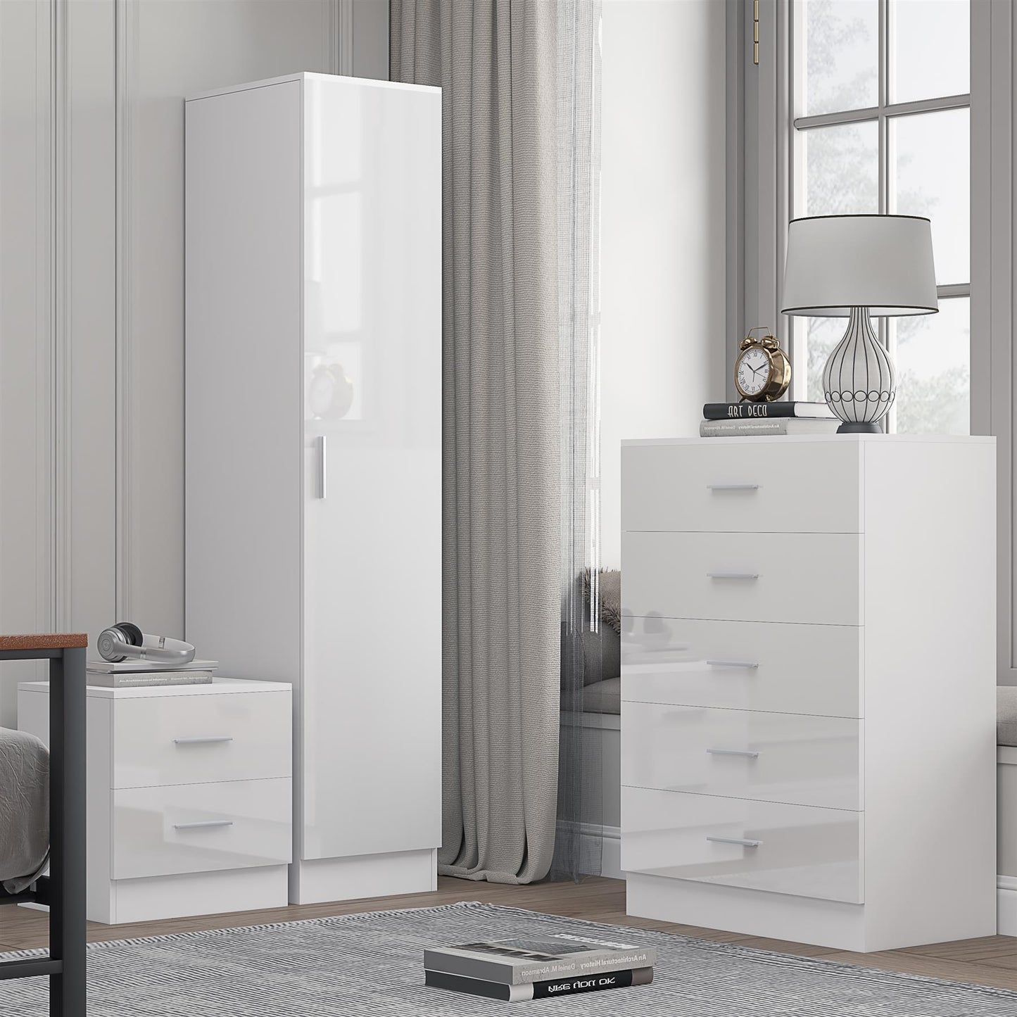 REFLECT Gloss 3pc Bedroom Set - 1 Door Wardrobe + 5 Draw Chest + Bedside