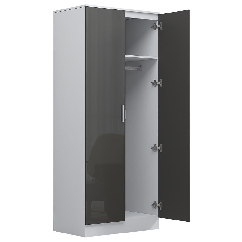 Reflect 2 Door Mirrored Wardrobe - Grey Gloss & Matt White - Hanging Rails & Shelves - H: 180cm x W: 76cm - Modern Sleek Design
