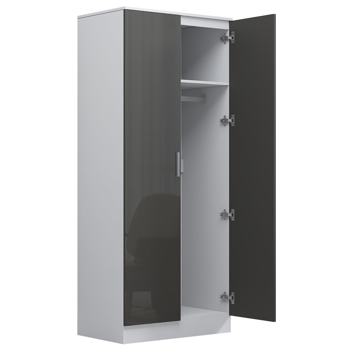 Reflect 2 Door Mirrored Wardrobe - Grey Gloss & Matt White - Hanging Rails & Shelves - Modern Sleek Design