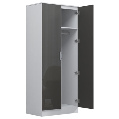 Reflect 2 Door Mirrored Wardrobe - Grey Gloss & Matt White - Hanging Rails & Shelves - Modern Sleek Design