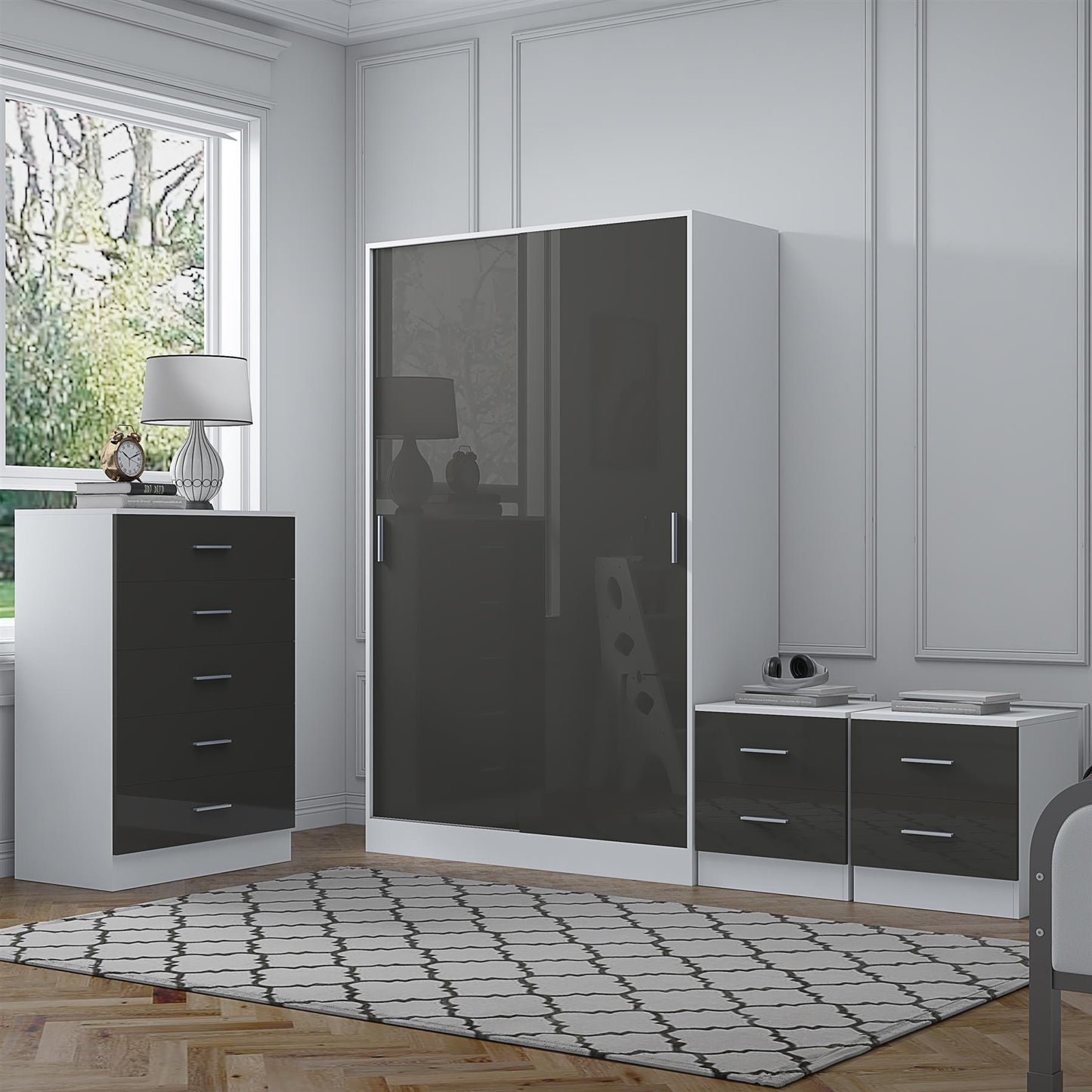 REFLECT Gloss 4pc Set - 2 Door Sliding Wardrobe + 5 Draw Chest + 2 Bedsides