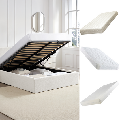 TEDDY Boucle Gas Lift Ottoman Storage Bed in White with 4 Size + Mattress Option