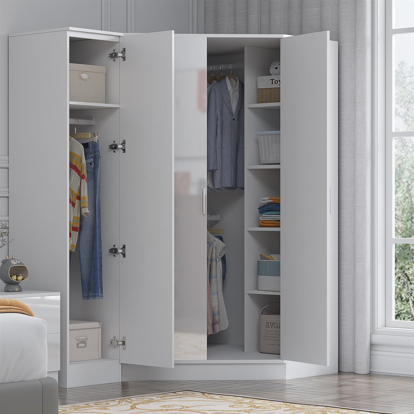 Reflect 2pc Wardrobe Bundle - 2 Door Corner + 1 Door Plain - White Gloss & Matt White