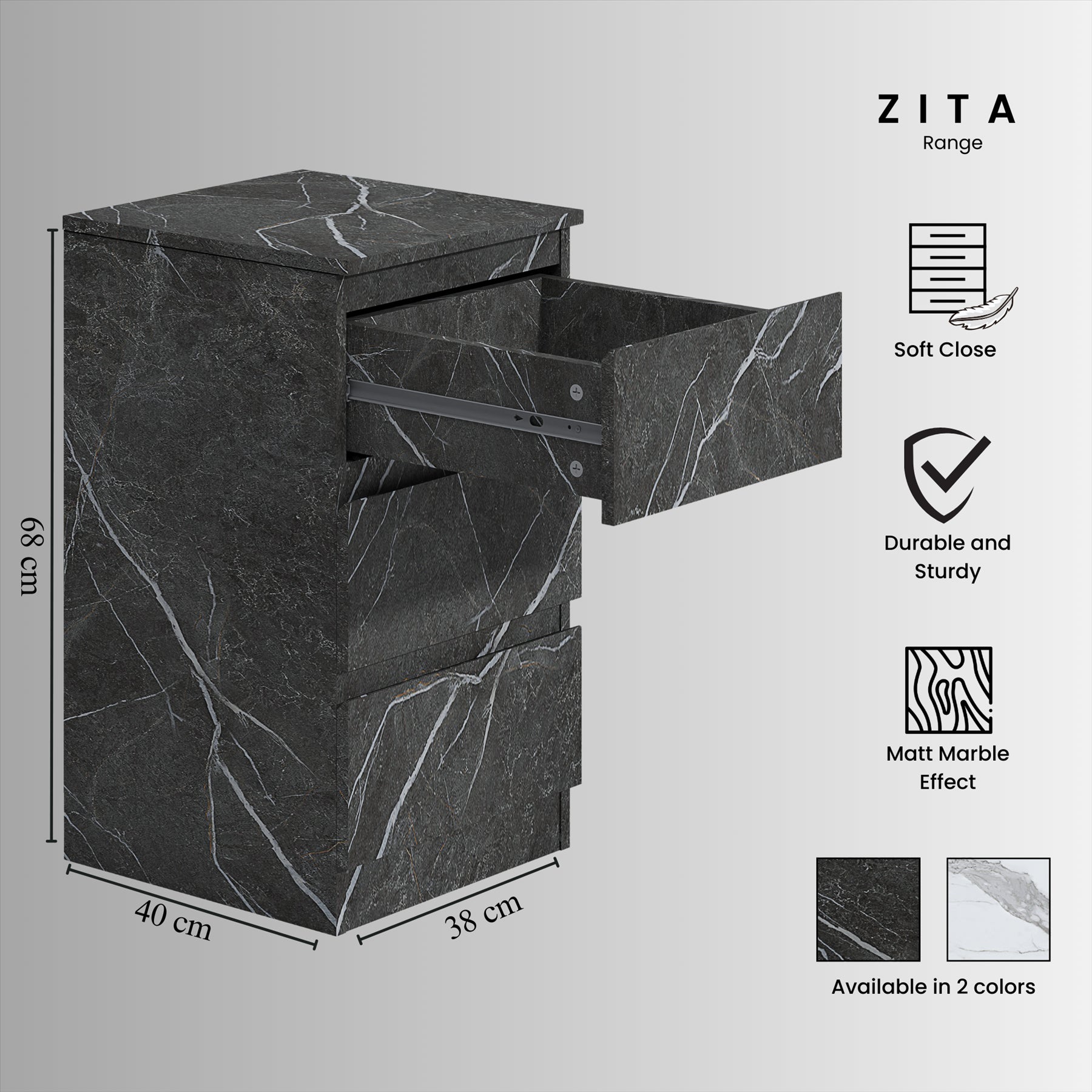 ZITA 4pc Grey Marble Effect Bedroom Set - 1-Door Wardrobe, Tall Chest & 2 Bedside Tables, Stylish Modern Storage Furniture