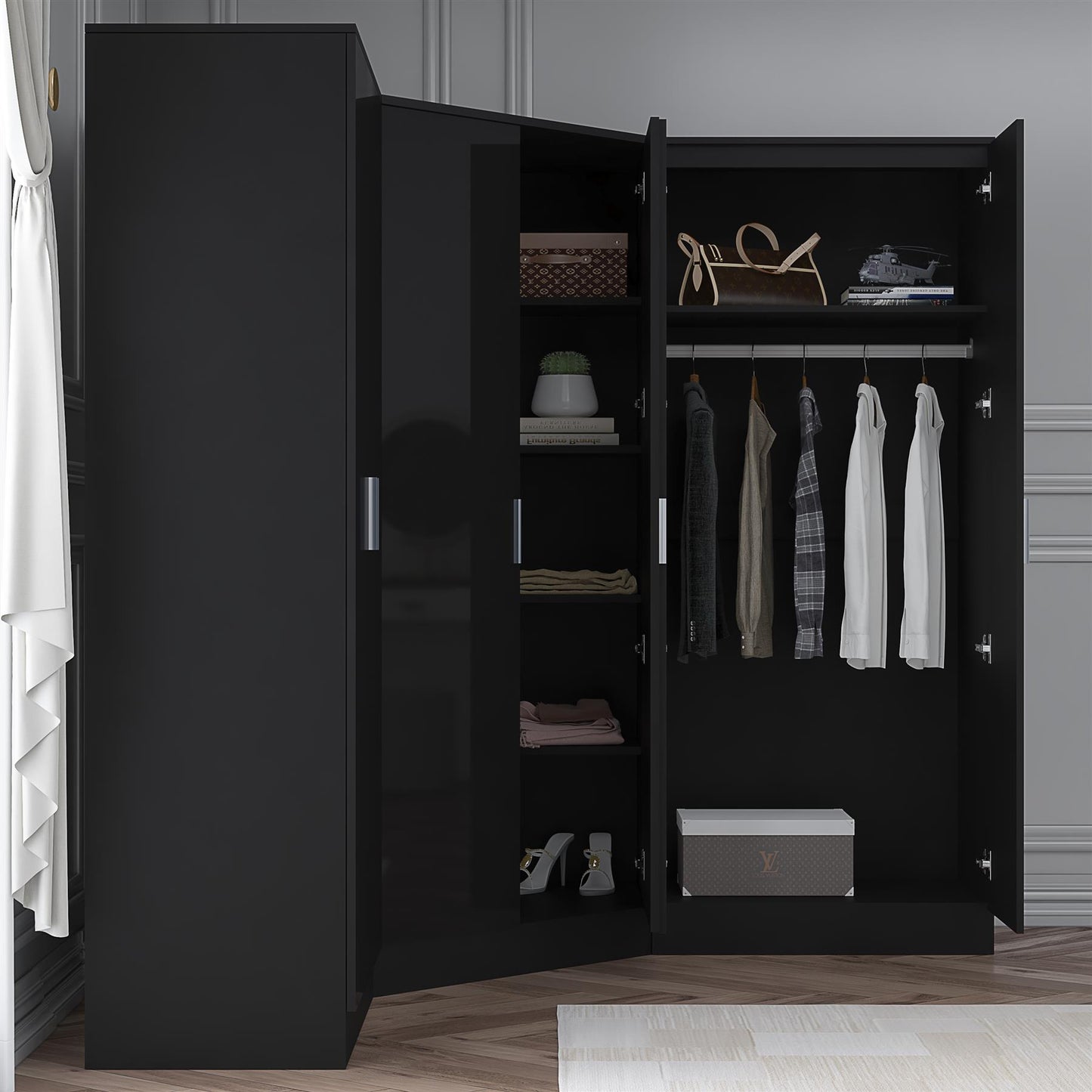 Reflect 3pc Wardrobe Bundle - 2 Door Corner + 2x 2 Door Plain - Black Gloss & Black Oak