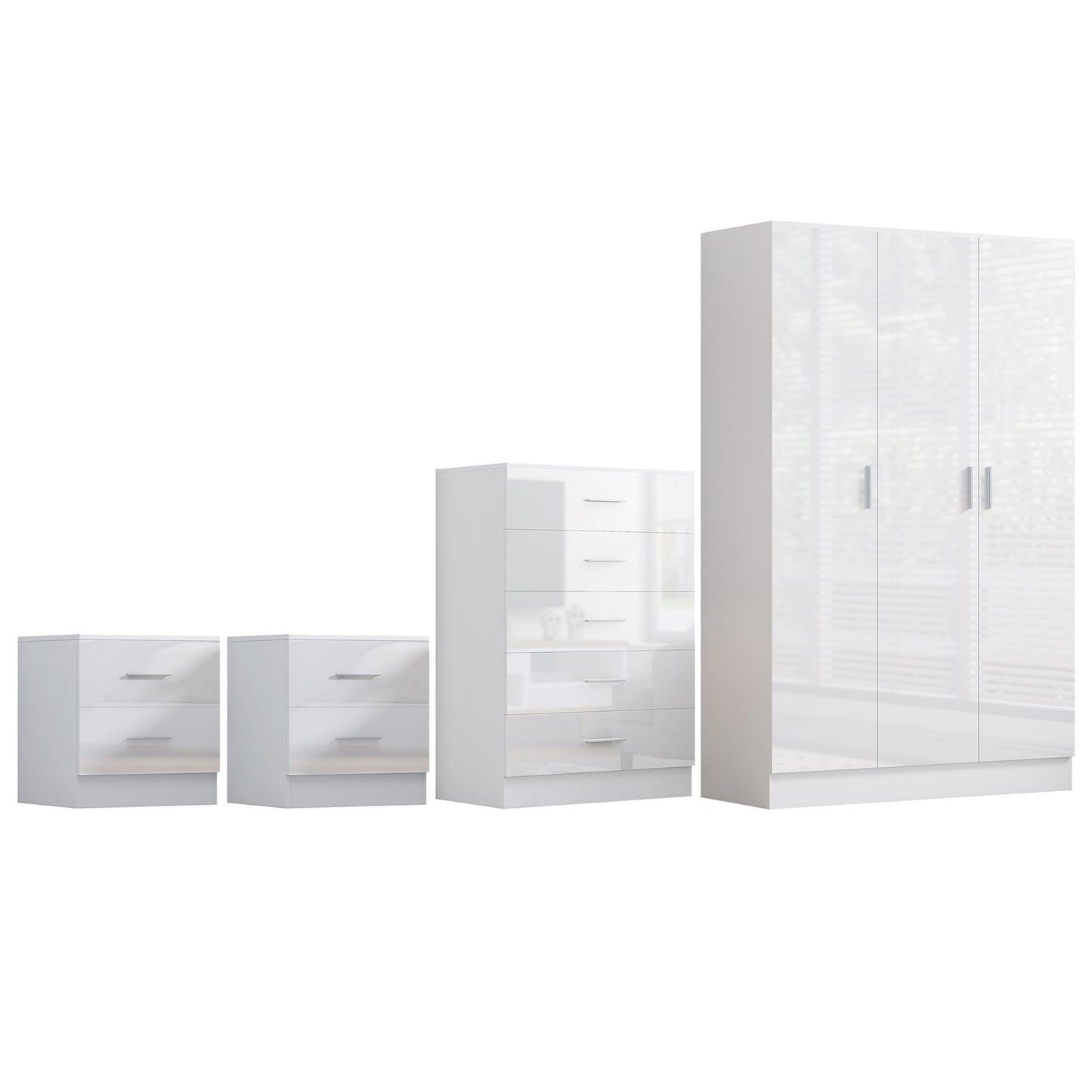 REFLECT Gloss 4pc Bedroom Set - 3 Door Wardrobe + 5 Draw Chest + 2 Bedsides