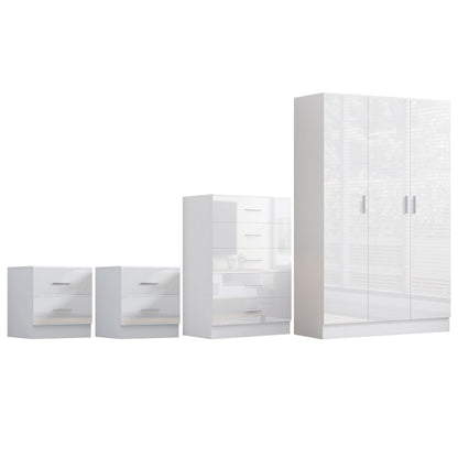 Reflect 3 Door Plain Wardrobe, 5 Drawer Chest, 2x 2 Drawer Bedsides - White Gloss & Matt White - Modern Bedroom Furniture Set