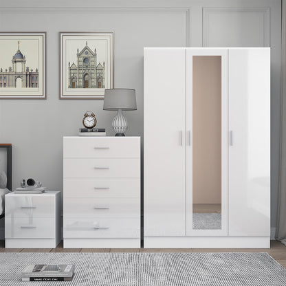 Reflect 3 Door Mirror Wardrobe, 5 Drawer Chest, 2 Drawer Bedside - White Gloss & Matt White - Modern Bedroom Furniture Set