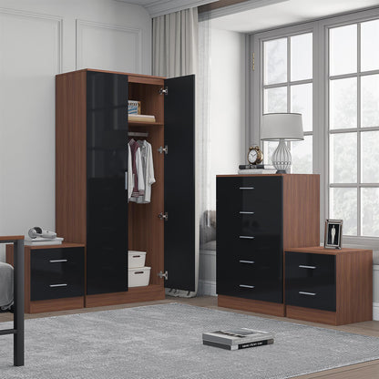 Reflect 2 Door Mirror Wardrobe, 5 Drawer Chest, 2x 2 Drawer Bedsides - Black Gloss & Walnut - Modern Bedroom Furniture Set