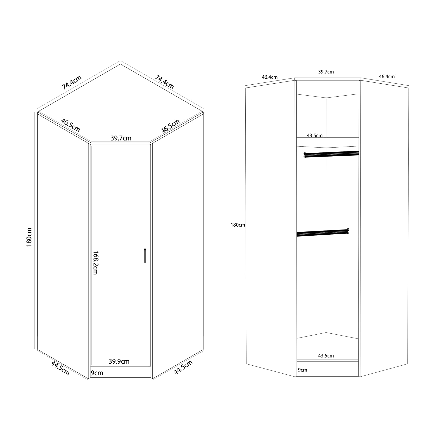 Reflect 1 Door Corner Wardrobe - White Gloss & Matt White - 2 Hanging Rails & 1 Shelf - Modern Design