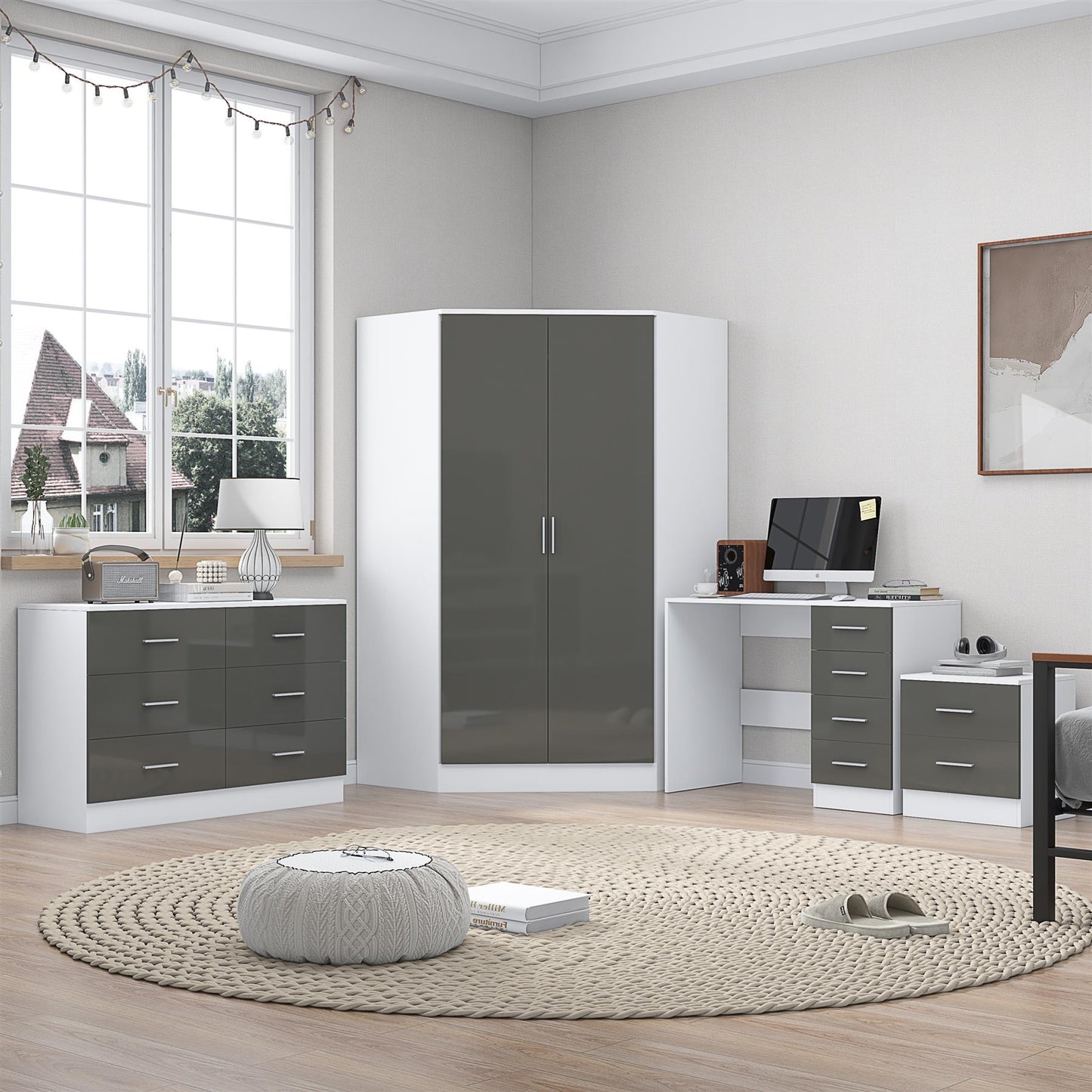 Reflect 2 Door Corner Wardrobe, 6 Drawer Chest, 2 Drawer Bedside & Desk - Grey Gloss & Matt White - Bedroom Furniture Set