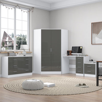 Reflect 2 Door Corner Wardrobe, 6 Drawer Chest, 2 Drawer Bedside & Desk - Grey Gloss & Matt White - Bedroom Furniture Set