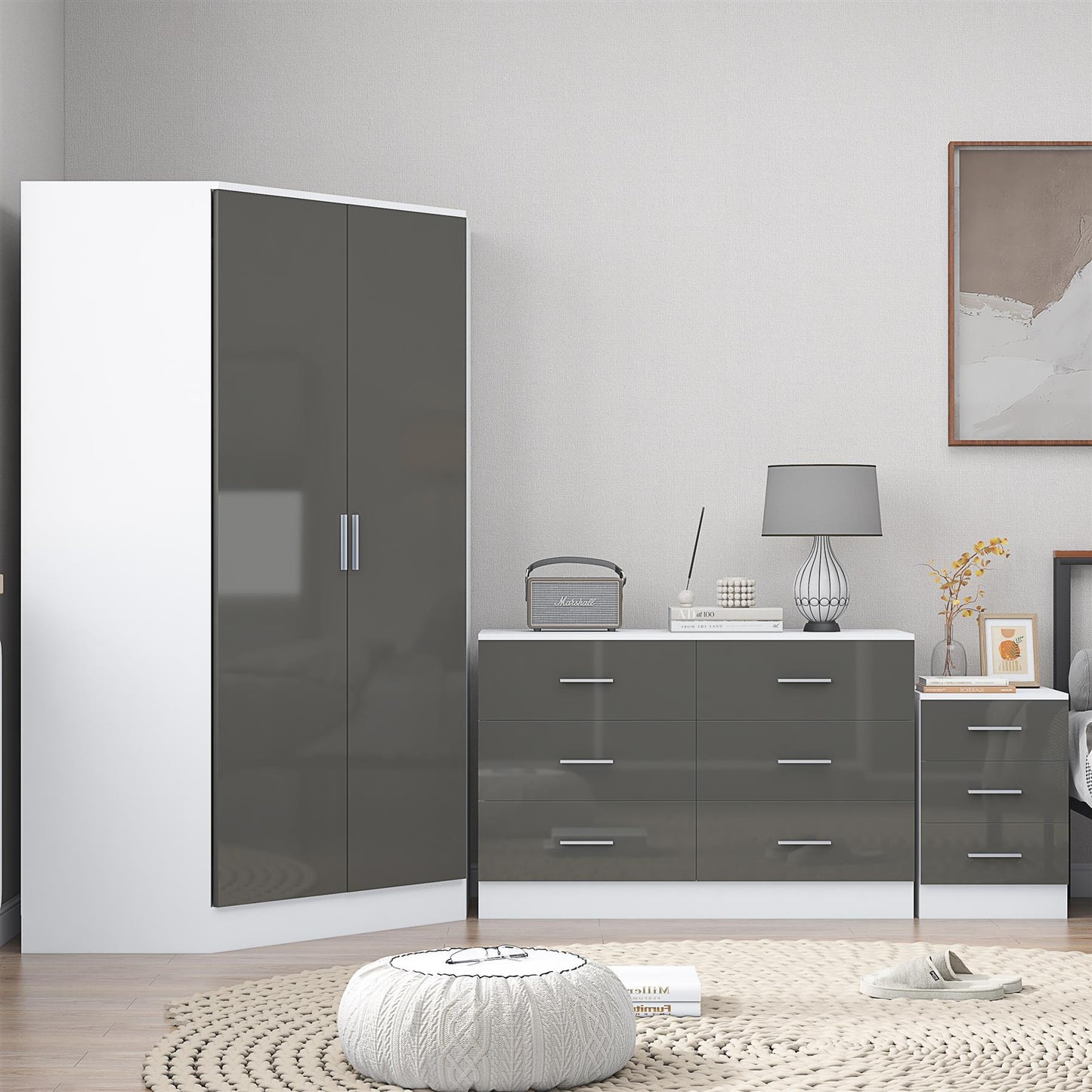 Reflect 2 Door Corner Wardrobe, 6 Drawer Chest, 3 Drawer Bedside - Grey Gloss & Matt White - Bedroom Furniture Set