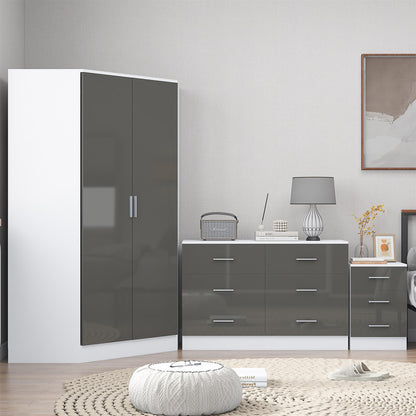 Reflect 2 Door Corner Wardrobe, 6 Drawer Chest, 3 Drawer Bedside - Grey Gloss & Matt White - Bedroom Furniture Set
