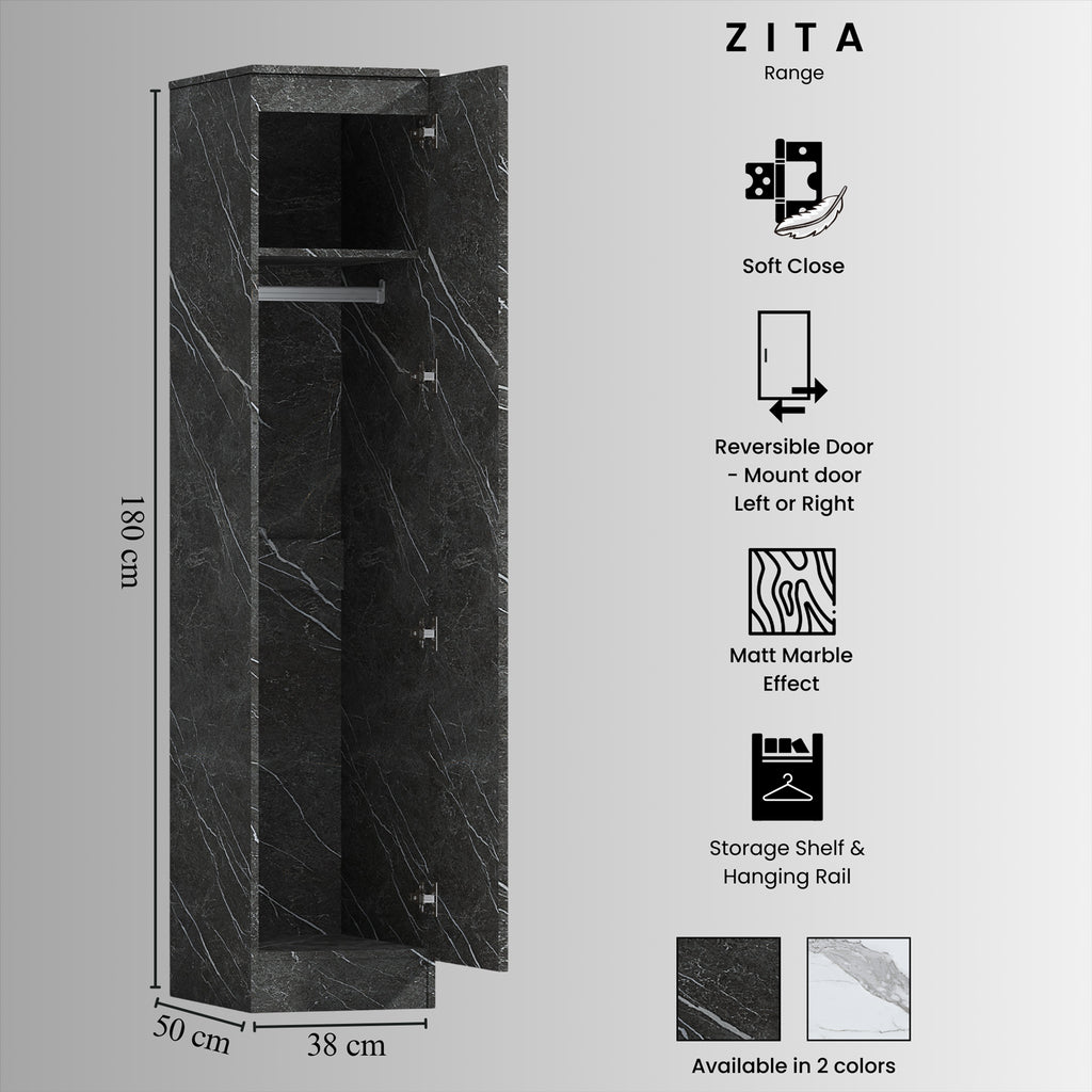 ZITA Grey Marble Effect 3 Piece Bedroom Set - 1-Door Wardrobe, Wide Chest & Bedside Table, Stylish Modern Bedroom Furniture