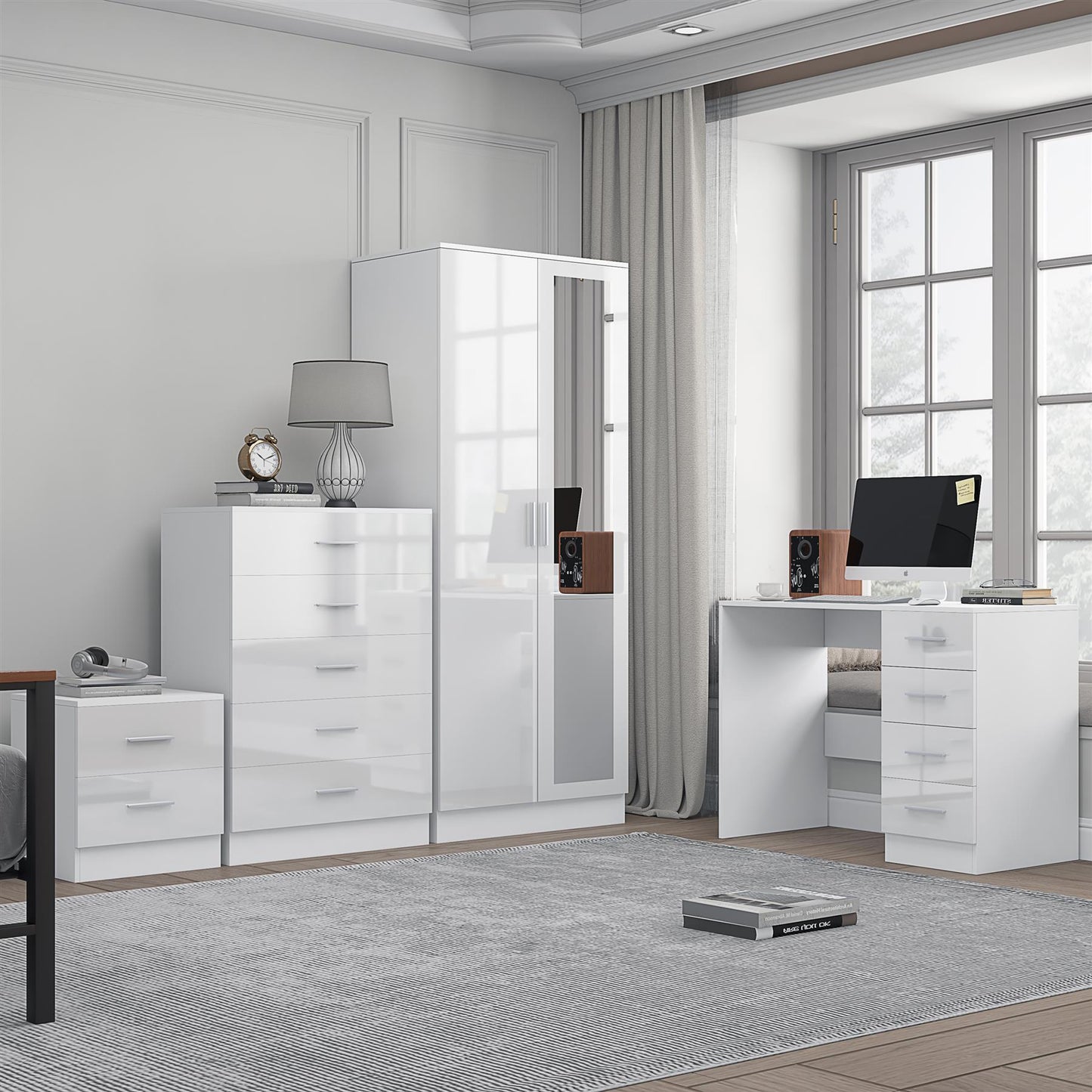 REFLECT Gloss 4pc Set - 2 Door Mirrored Wardrobe + 5 Draw Chest + Bedside + Desk