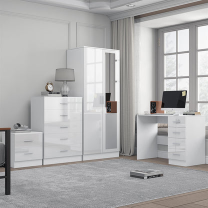 REFLECT Gloss 4pc Set - 2 Door Mirrored Wardrobe + 5 Draw Chest + Bedside + Desk