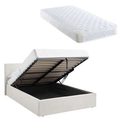 TEDDY BOUCLE 3FT Single White Ottoman Storage Bed Gas Lift Up (3ft) with Bonnell Spring Mattress