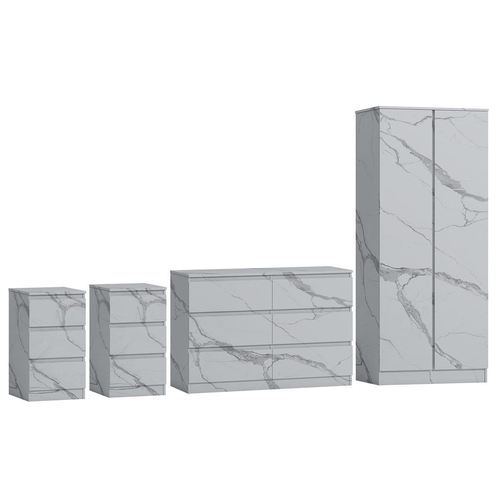 ZITA White Marble Effect 4 Piece Bedroom Set - Wardrobe, 6 Drawer Chest & 2 Bedside Tables, Stylish Bedroom Furniture