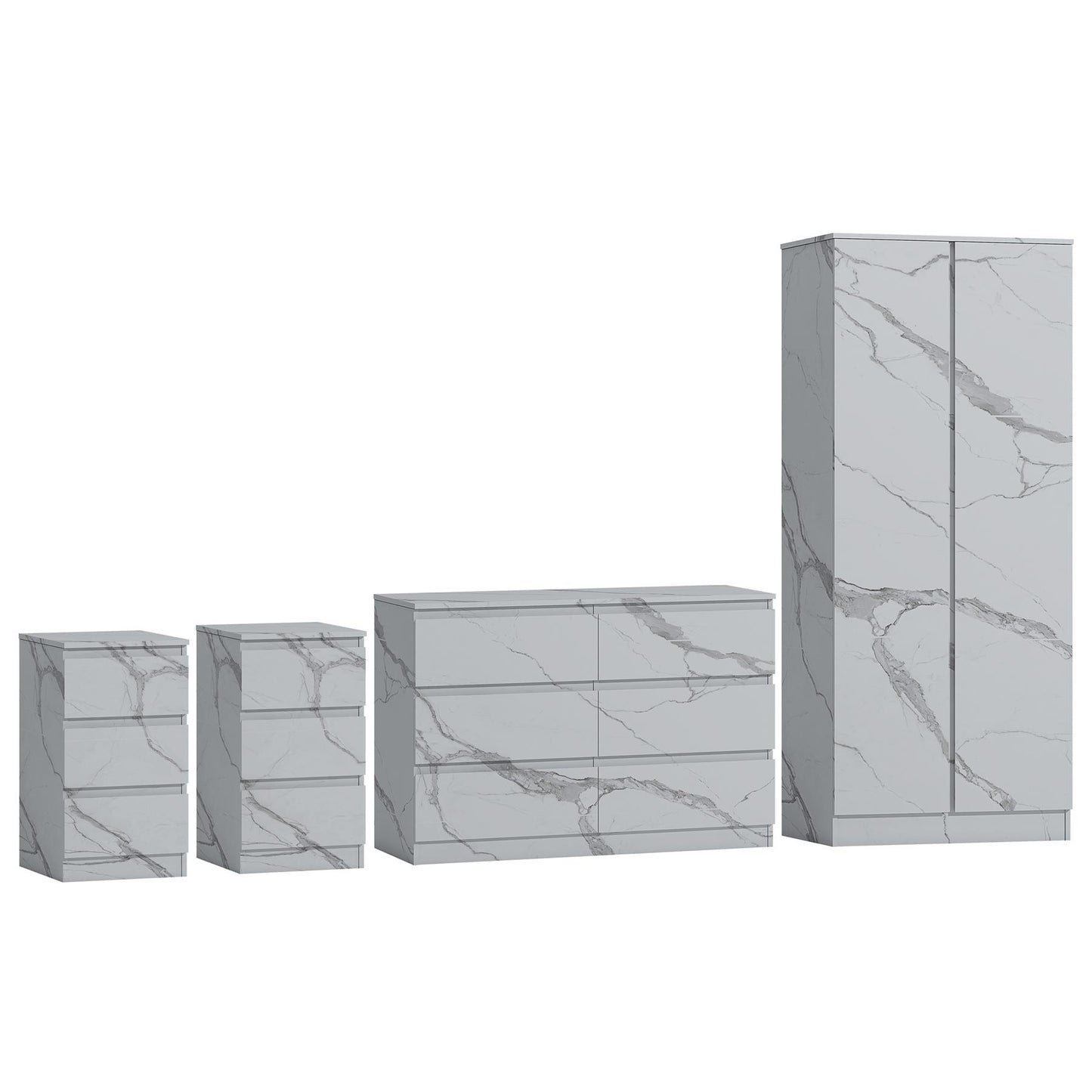 ZITA White Marble Effect 4 Piece Bedroom Set - Wardrobe, 6 Drawer Chest & 2 Bedside Tables, Stylish Bedroom Furniture