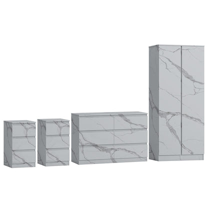ZITA White Marble Effect 4 Piece Bedroom Set - Wardrobe, 6 Drawer Chest & 2 Bedside Tables, Stylish Bedroom Furniture