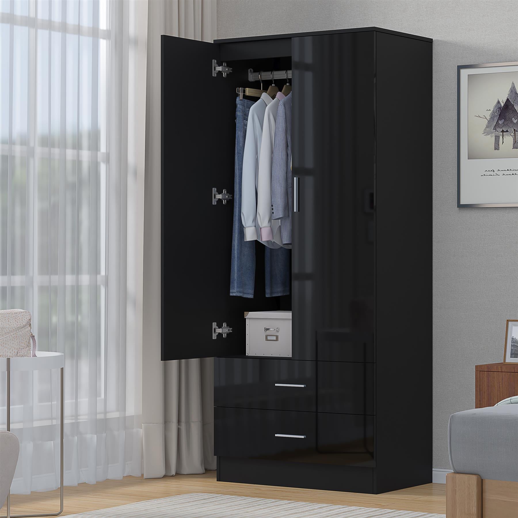 REFLECT High Gloss Bedroom Furniture Wardrobe Chest Bedside Desk Option in Black