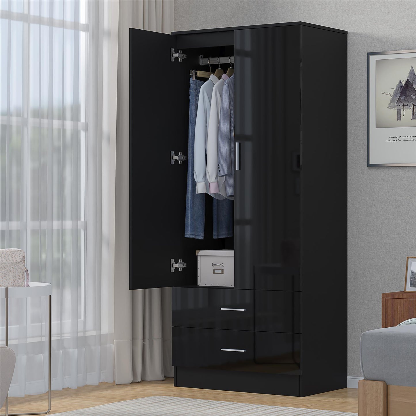 Reflect 2 Door 2 Drawer Combi Plain Wardrobe - Black Gloss & Black Oak - Hanging Rails, Drawers & Shelf