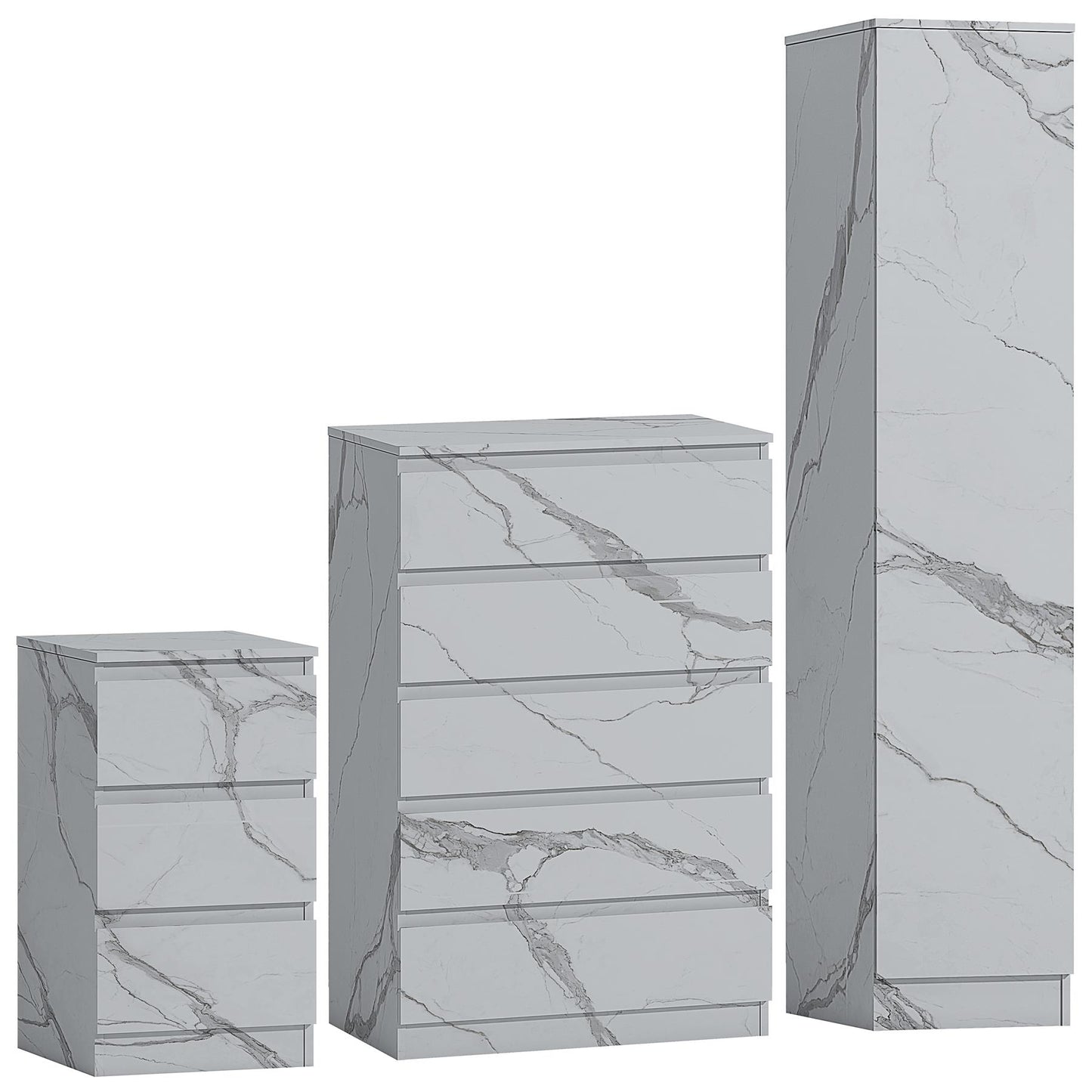 ZITA 3pc Set - 1 Door Wardrobe + Tall Chest + Bedside in White OR Grey Marble