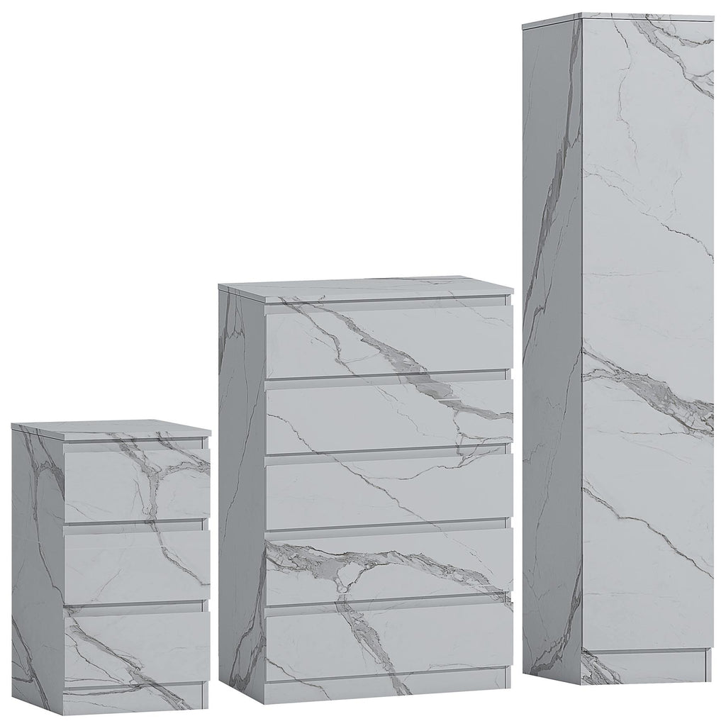 ZITA White Marble Effect 3 Piece Bedroom Set - 1-Door Wardrobe, Chest & Bedside Table, Stylish Modern Storage Furniture