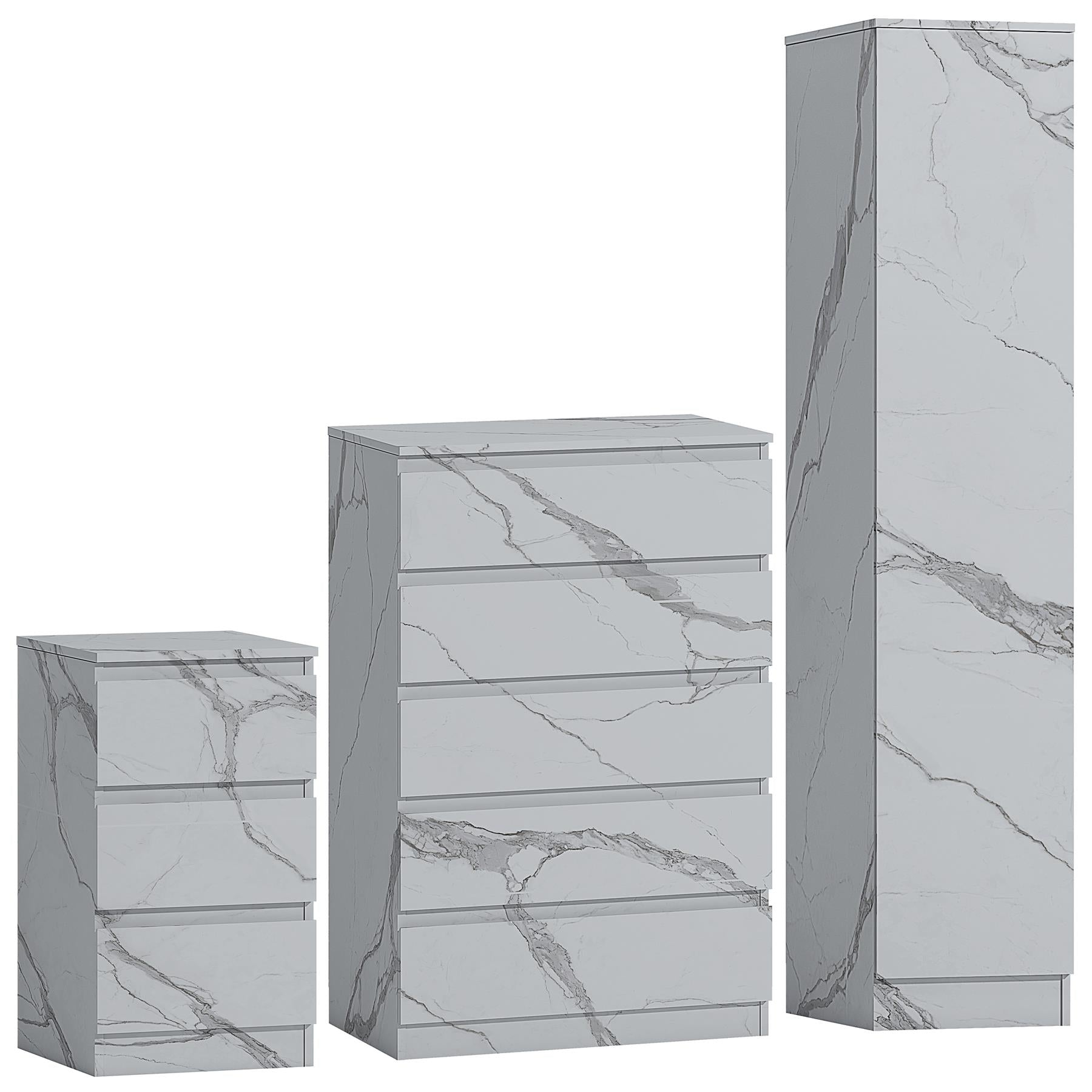 ZITA White Marble Effect 3 Piece Bedroom Set - 1-Door Wardrobe, Chest & Bedside Table, Stylish Modern Storage Furniture