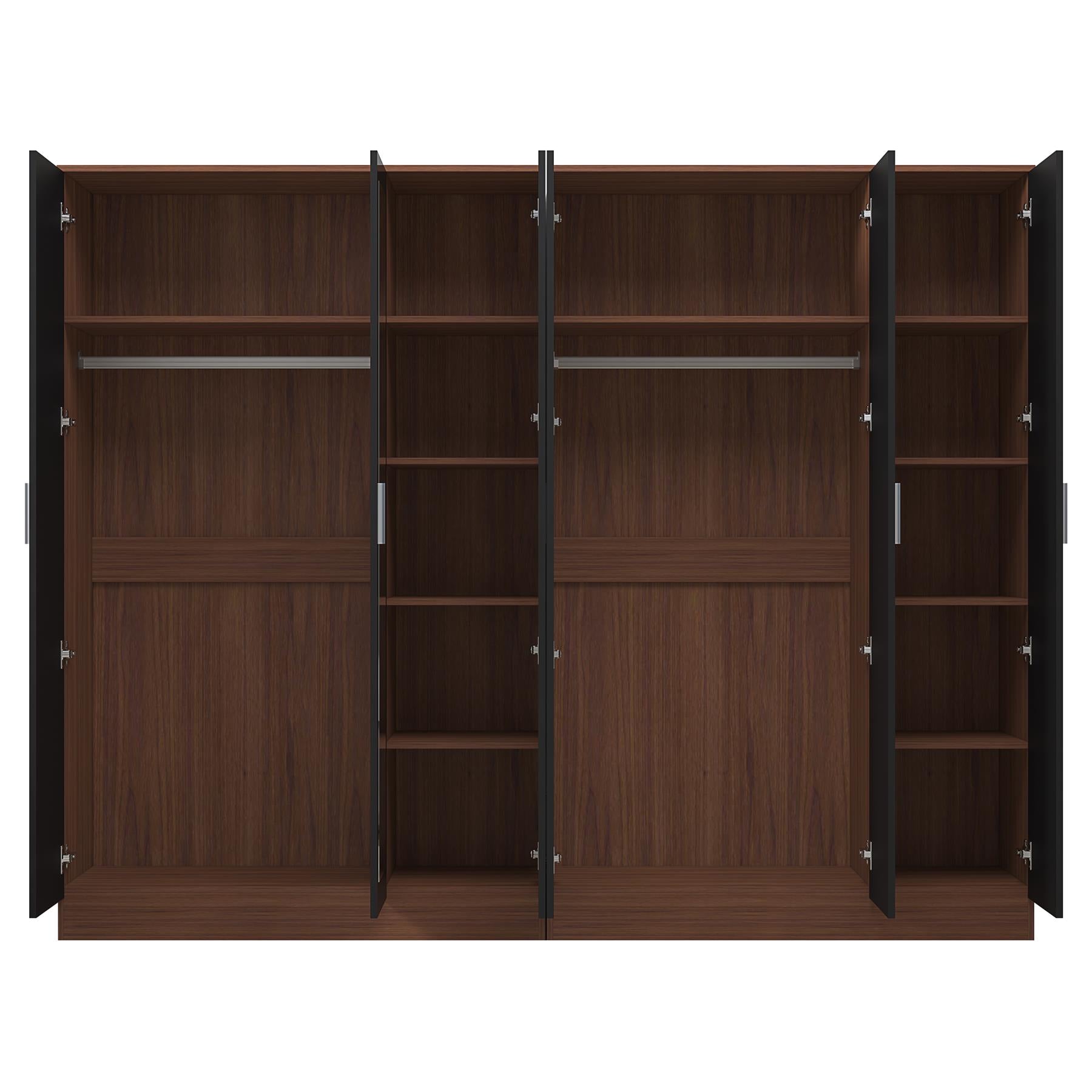 REFLECT - 3 Door MIRROR + 3 Door PLAIN Wardrobe - Gloss Black / Matt Walnut