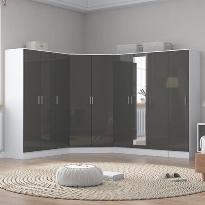 Reflect 4pc Wardrobe Bundle - 2 Door Corner + 3 Door Mirror + 3 Door Plain + 1 Door Plain - Grey Gloss & Matt White