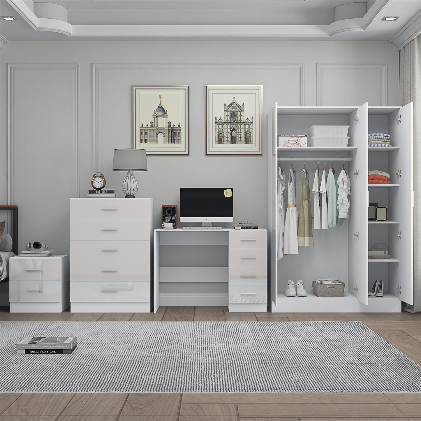 Reflect 3 Door Mirror Wardrobe, 5 Drawer Chest, 2 Drawer Bedside & Desk - White Gloss & Matt White - Modern Bedroom Furniture Set