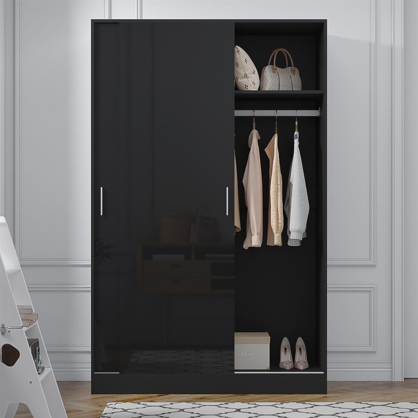 Reflect 2 Door Sliding Wardrobe - Black Gloss & Black Oak - Hanging Rails & Shelves - Modern Design