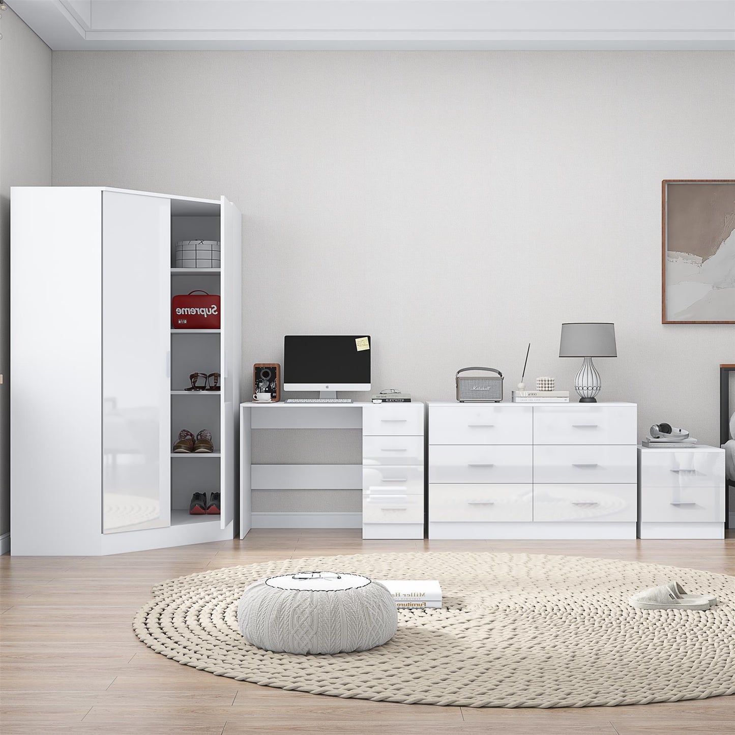 Reflect 2 Door Corner Wardrobe, 6 Drawer Chest, 2 Drawer Bedside & Desk - White Gloss & Matt White - Bedroom Furniture Set