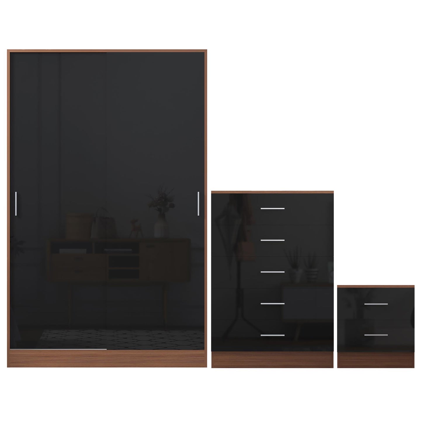 REFLECT Gloss 3pc Set - 2 Door Sliding Wardrobe + 5 Draw Chest + Bedside