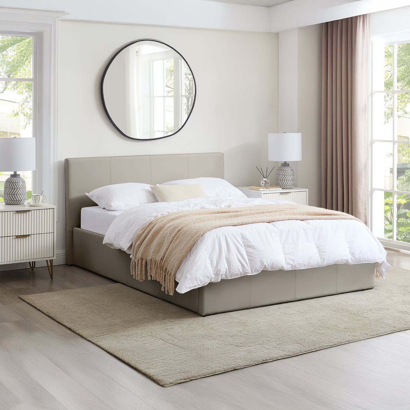 LUNA 5FT King Cream Beige Ottoman Storage Bed with Gas Lift & 25cm Thick Memory Foam Mattress - L: 213cm x W: 168cm x H: 88.5cm