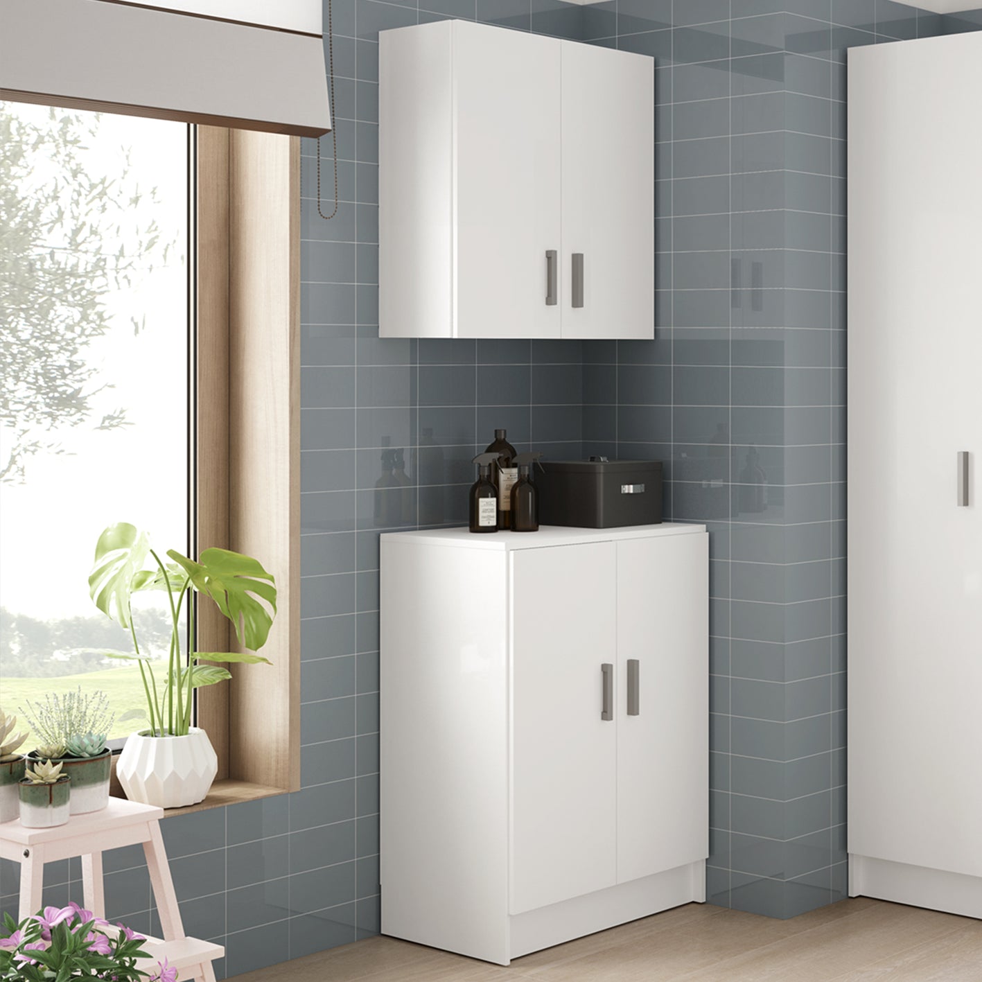 VITA Multi-Use White Cupboard Set- Freestanding & Wall Hung Storage Units for Home Organisation