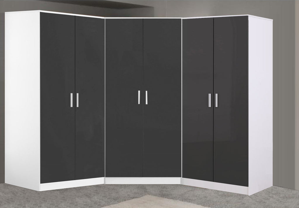 Reflect 3pc Wardrobe Bundle - 2 Door Corner + 2x 2 Door Plain - Grey Gloss & Matt White - H: 180cm x W: 179cm x D: 103cm