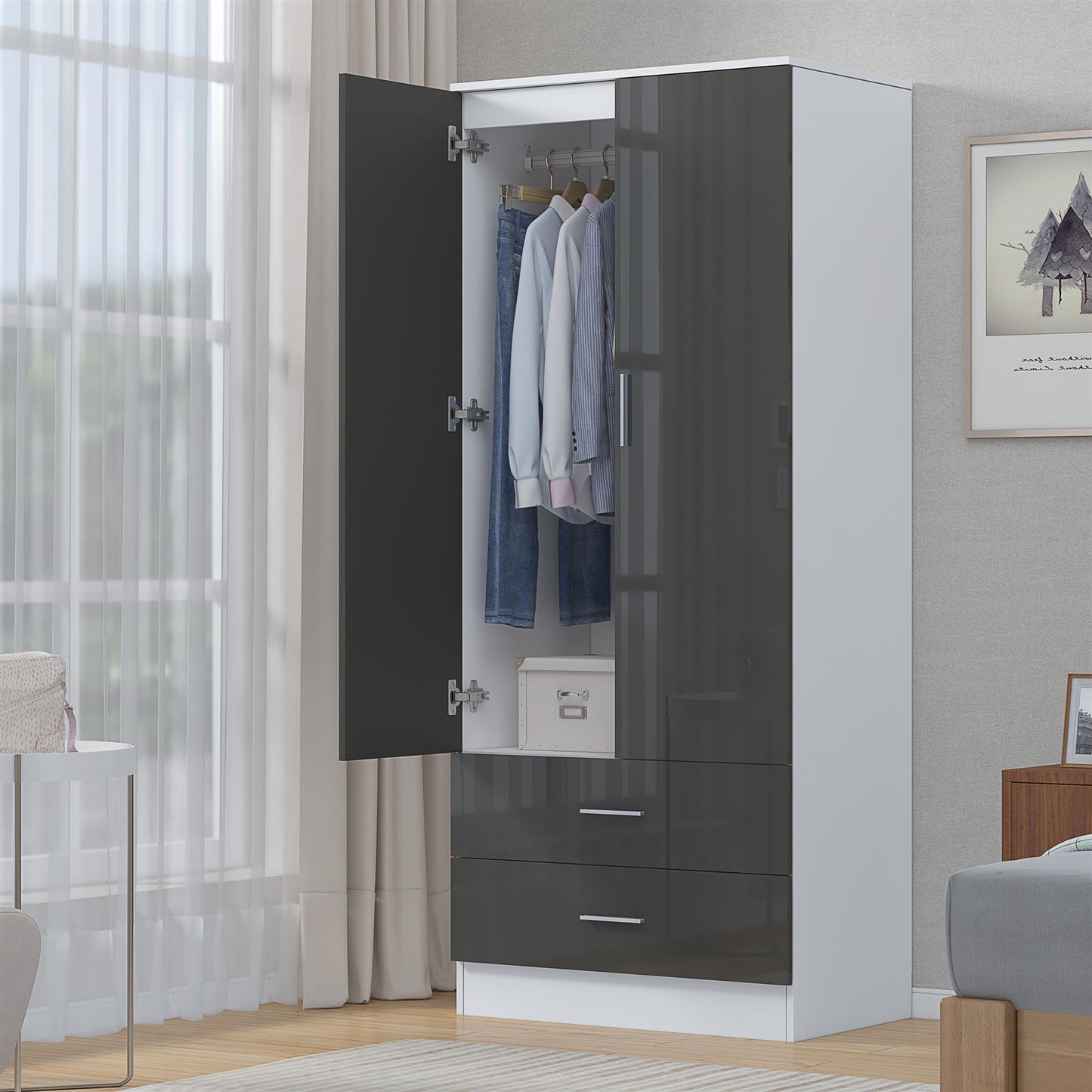 Reflect 2 Door 2 Drawer Combi Plain Wardrobe - Grey Gloss & Matt White - Hanging Rails, Drawers & Shelf
