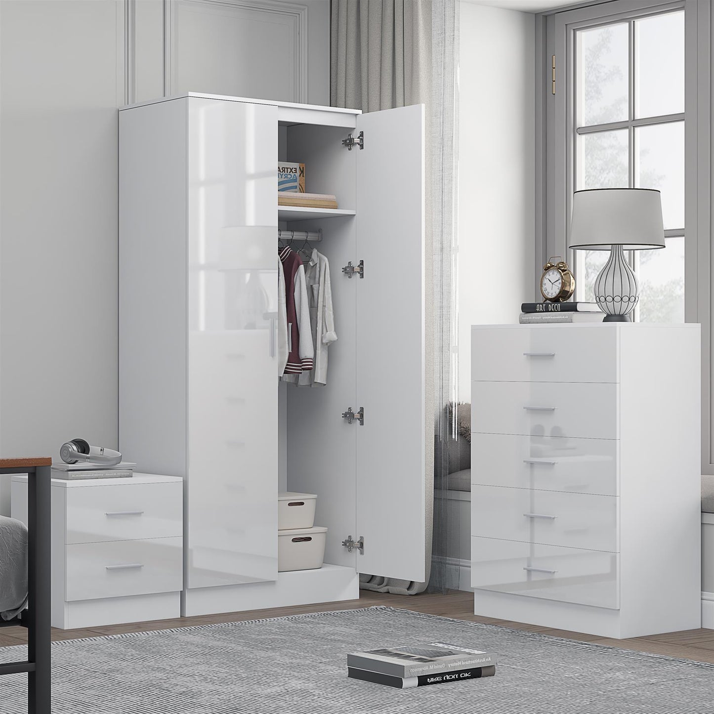 REFLECT Gloss 3pc Set - 2 Door Mirrored Wardrobe + 5 Draw Chest + Bedside