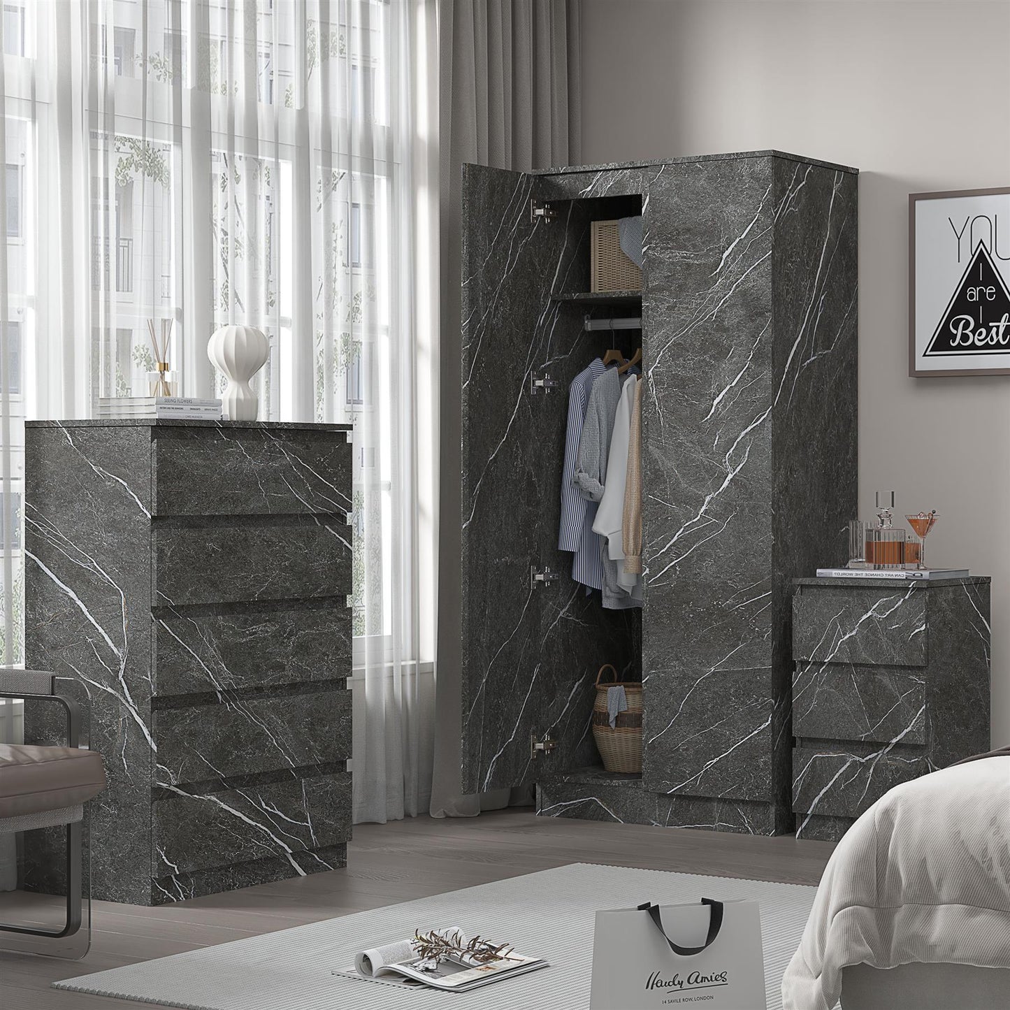 ZITA 3pc Set - 2 Door Wardrobe + Tall Chest + Bedside in White OR Grey Marble
