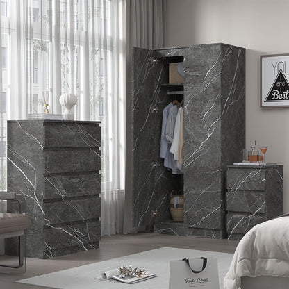 ZITA 3pc Set - 2 Door Wardrobe + Tall Chest + Bedside in White OR Grey Marble