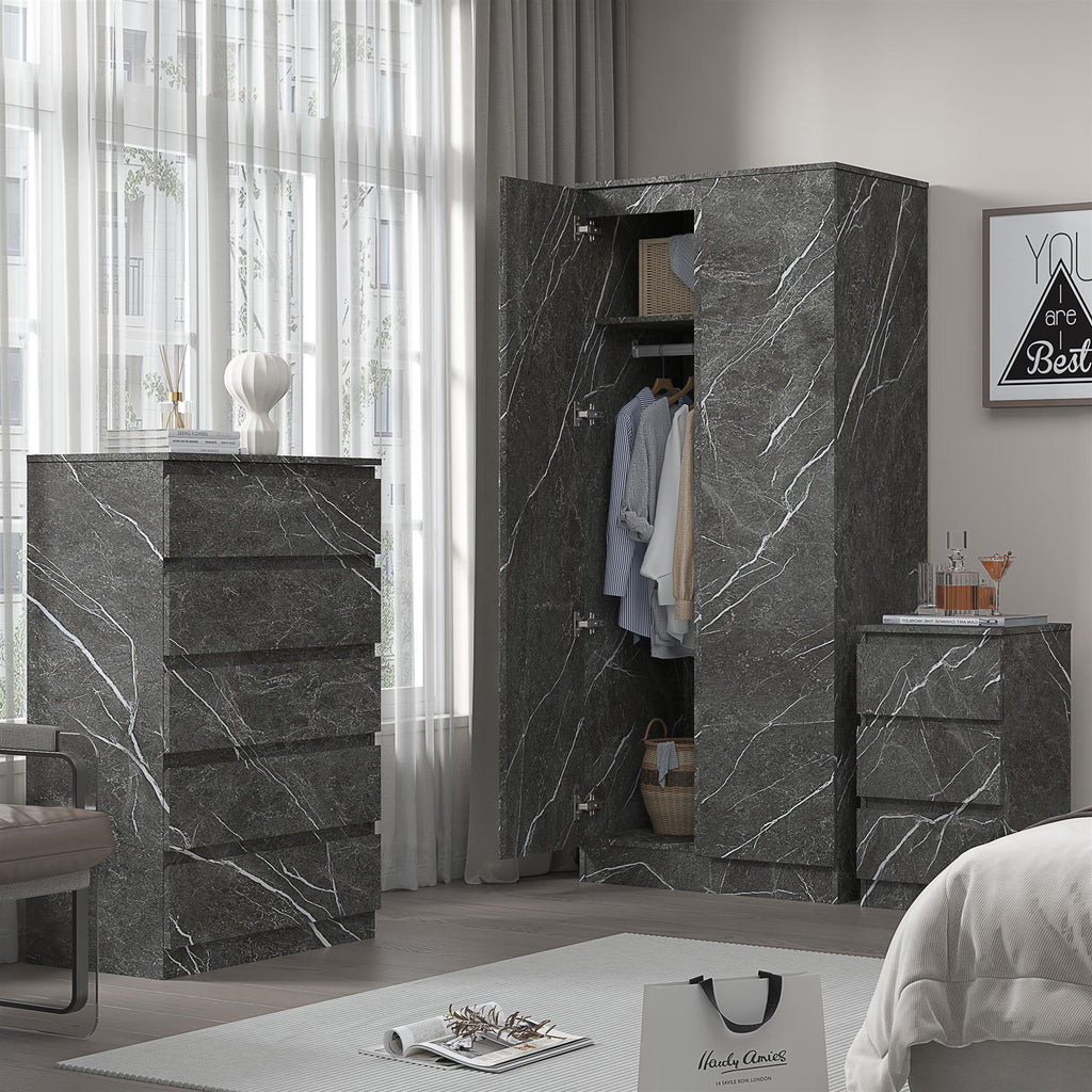 ZITA Grey Marble Effect 3 Piece Set - 2 Door Wardrobe, 5 Drawer Chest & 3 Drawer Bedside, Stylish Bedroom Storage