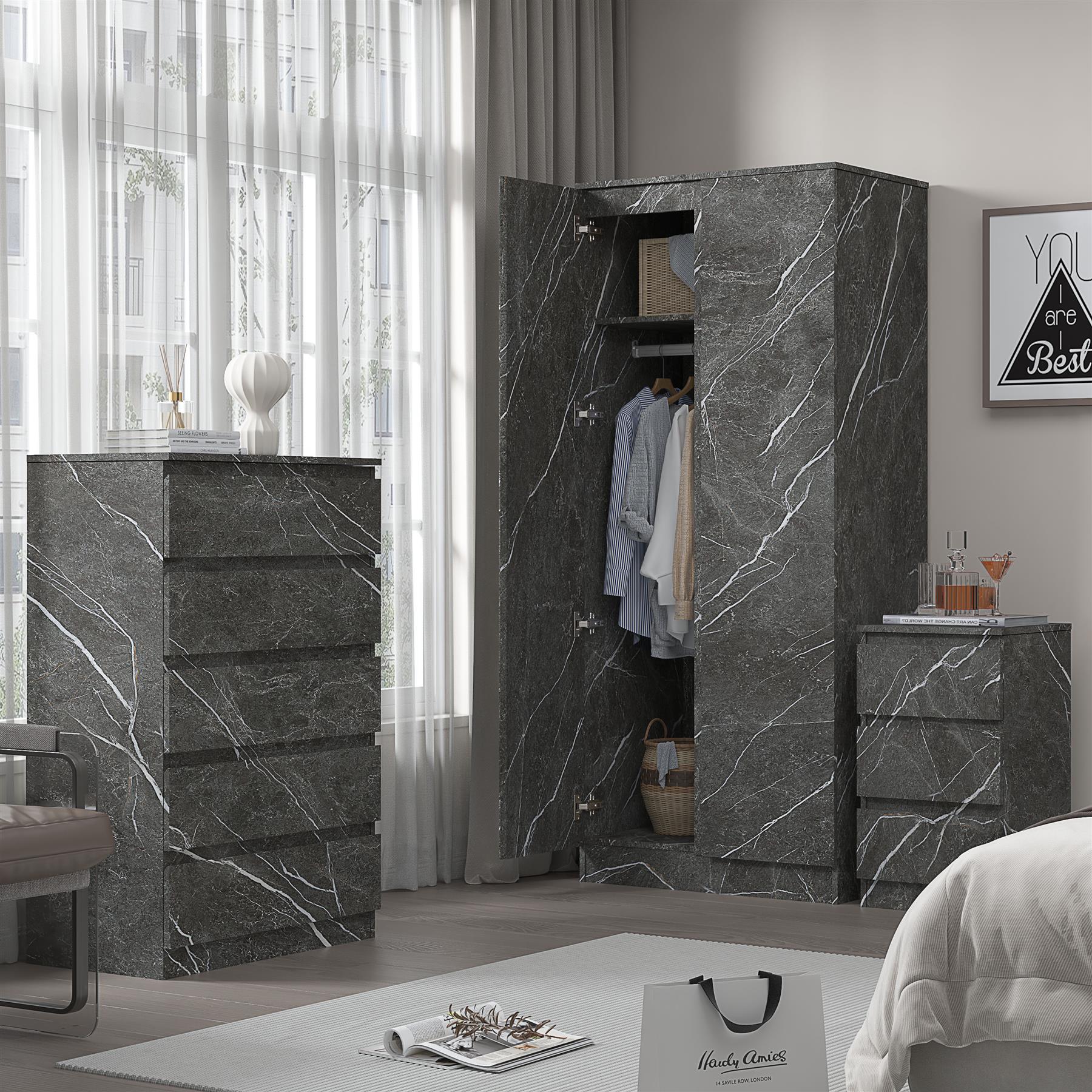 ZITA Grey Marble Effect 3 Piece Set - 2 Door Wardrobe, 5 Drawer Chest & 3 Drawer Bedside, Stylish Bedroom Storage